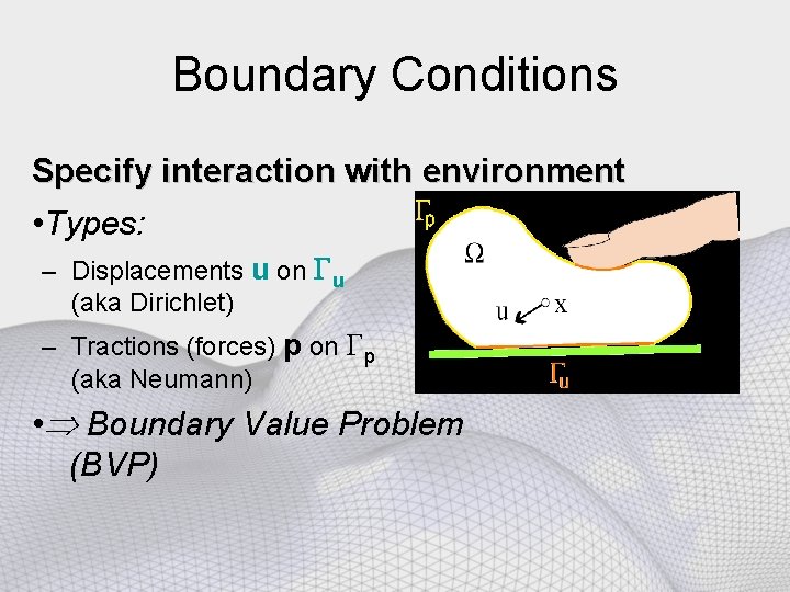 Boundary Conditions Specify interaction with environment • Types: – Displacements u on Gu (aka