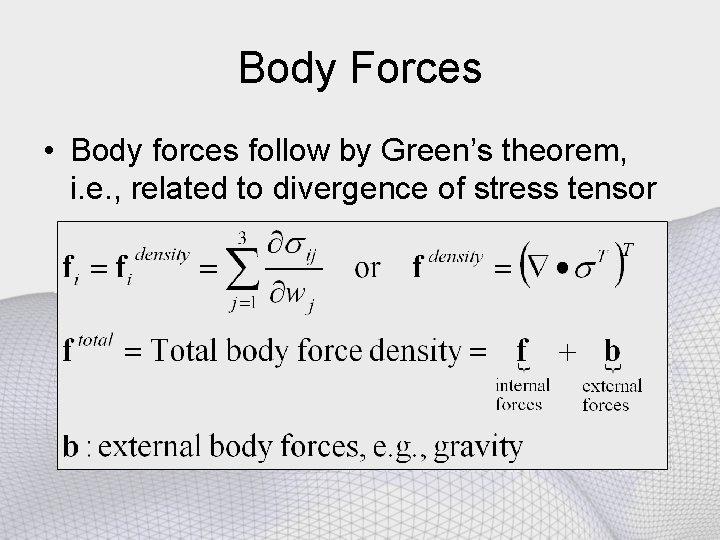 Body Forces • Body forces follow by Green’s theorem, i. e. , related to