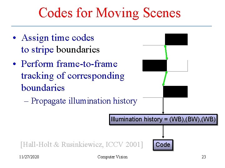 Codes for Moving Scenes • Assign time codes to stripe boundaries • Perform frame-to-frame