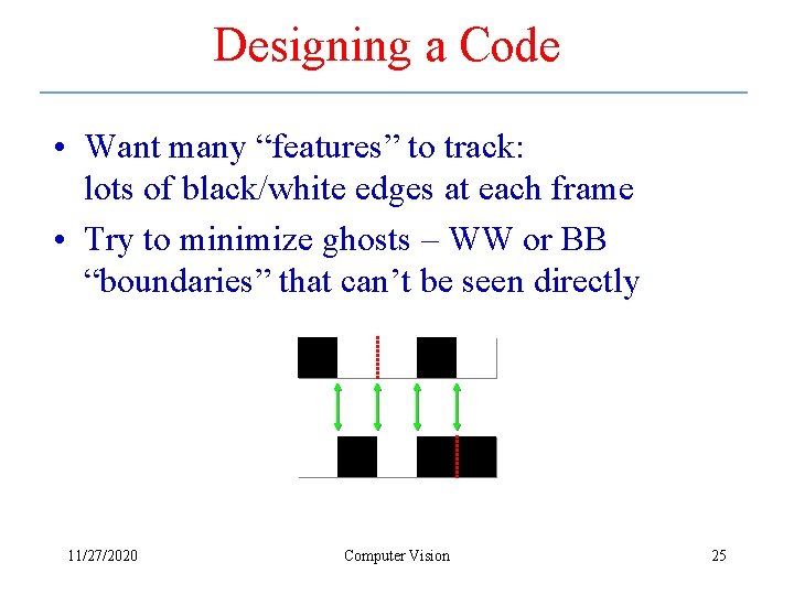Designing a Code • Want many “features” to track: lots of black/white edges at