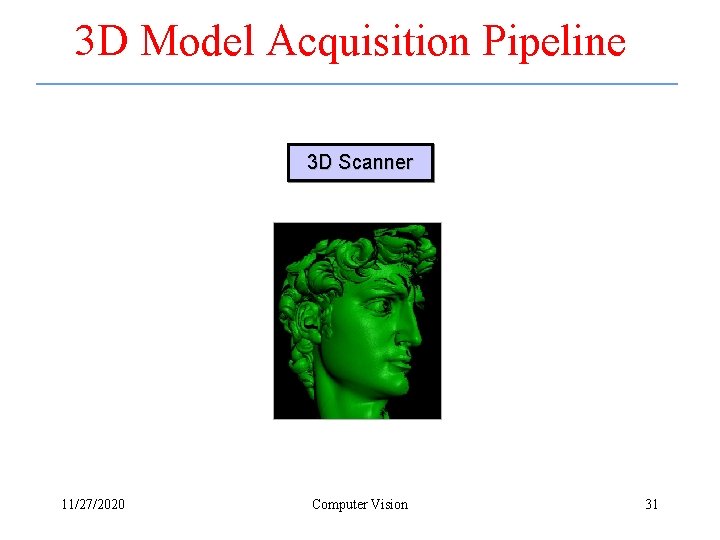 3 D Model Acquisition Pipeline 3 D Scanner 11/27/2020 Computer Vision 31 