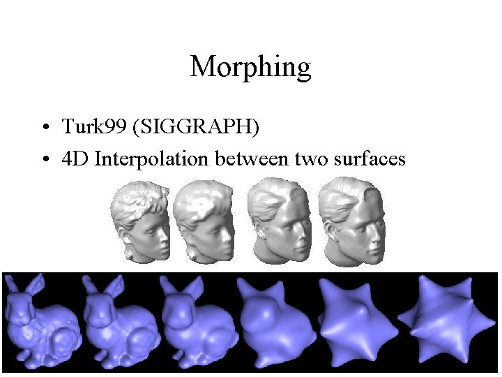 Morphing • Turk 99 (SIGGRAPH) • 4 D Interpolation between two surfaces 