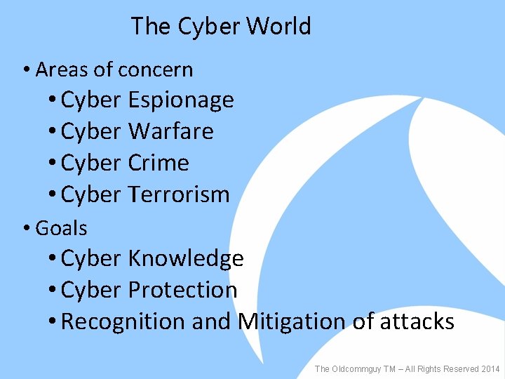 The Cyber World • Areas of concern • Cyber Espionage • Cyber Warfare •