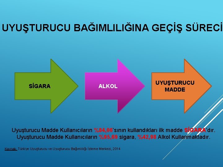 UYUŞTURUCU BAĞIMLILIĞINA GEÇİŞ SÜRECİ SİGARA ALKOL UYUŞTURUCU MADDE Uyuşturucu Madde Kullanıcıların %84, 06’sının kullandıkları