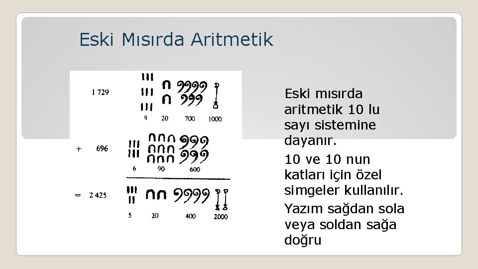 Eski Mısırda Aritmetik Eski mısırda aritmetik 10 lu sayı sistemine dayanır. 10 ve 10