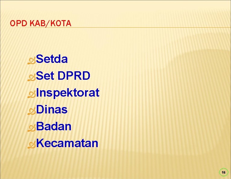 OPD KAB/KOTA Setda Set DPRD Inspektorat Dinas Badan Kecamatan 16 