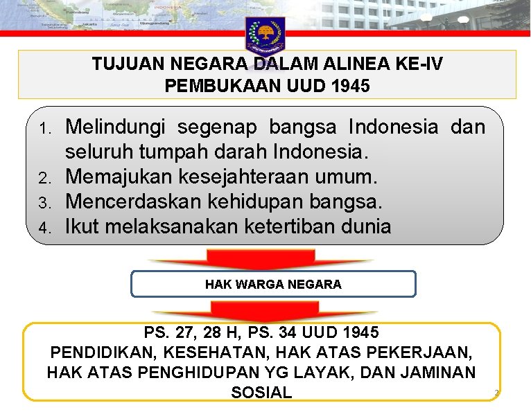 TUJUAN NEGARA DALAM ALINEA KE-IV PEMBUKAAN UUD 1945 Melindungi segenap bangsa Indonesia dan seluruh