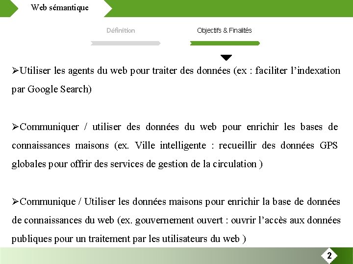 Web sémantique Définition Objectifs & Finalités Utiliser les agents du web pour traiter des