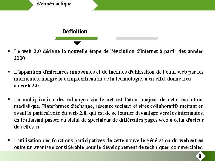 Web sémantique Définition Le web 2. 0 désigne la nouvelle étape de l'évolution d'Internet