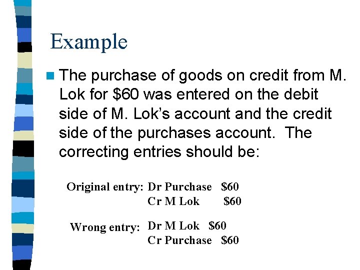 Example n The purchase of goods on credit from M. Lok for $60 was