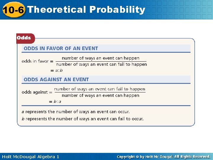 10 -6 Theoretical Probability Holt Mc. Dougal Algebra 1 