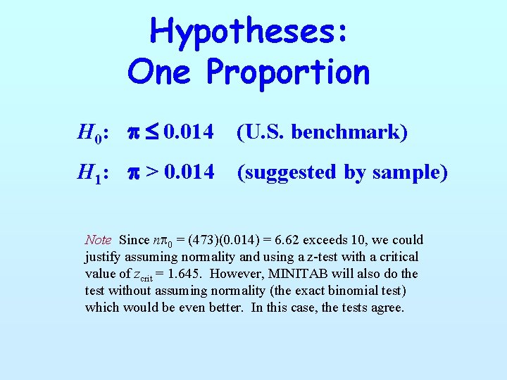 Hypotheses: One Proportion H 0: p 0. 014 (U. S. benchmark) H 1: p