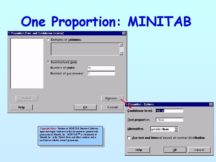 One Proportion: MINITAB Copyright Notice Portions of MINITAB Statistical Software input and output contained