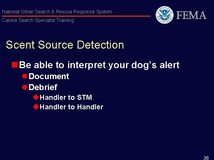 National Urban Search & Rescue Response System Canine Search Specialist Training Scent Source Detection