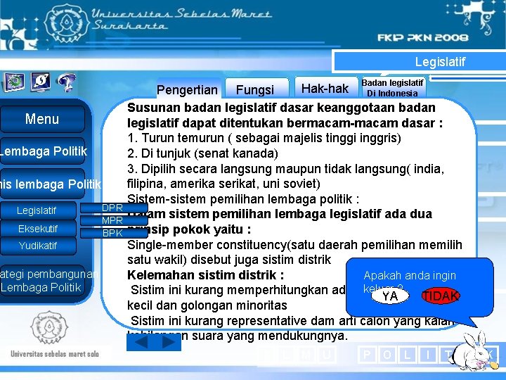 Legislatif Badan legislatif Menu Lembaga Politik nis lembaga Politik Legislatif Eksekutif Yudikatif ategi pembangunan