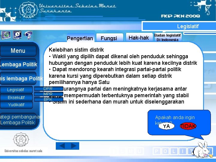 Legislatif Pengertian Hak-hak Fungsi Badan legislatif Di Indonesia Kelebihan sistim distrik • Wakil yang