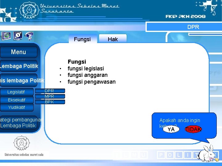 DPR Fungsi Hak Menu Lembaga Politik • • • nis lembaga Politik Legislatif Eksekutif