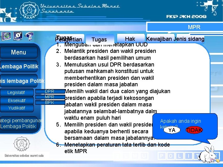 MPR Tugas Hak Kewajiban Jenis sidang Pengertian Tugas 1. Mengubah dan menetapkan UUD 2.