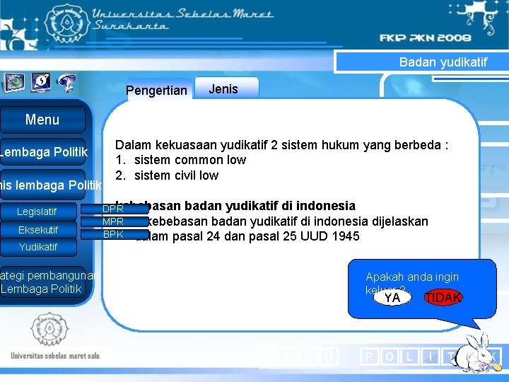 Badan yudikatif Pengertian Jenis Menu Lembaga Politik nis lembaga Politik Legislatif Eksekutif Yudikatif Dalam