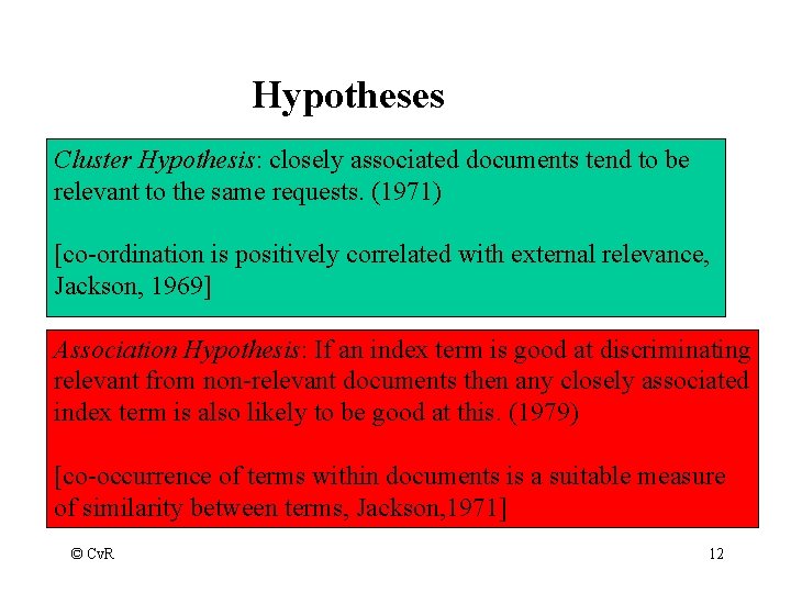 Hypotheses Cluster Hypothesis: closely associated documents tend to be relevant to the same requests.