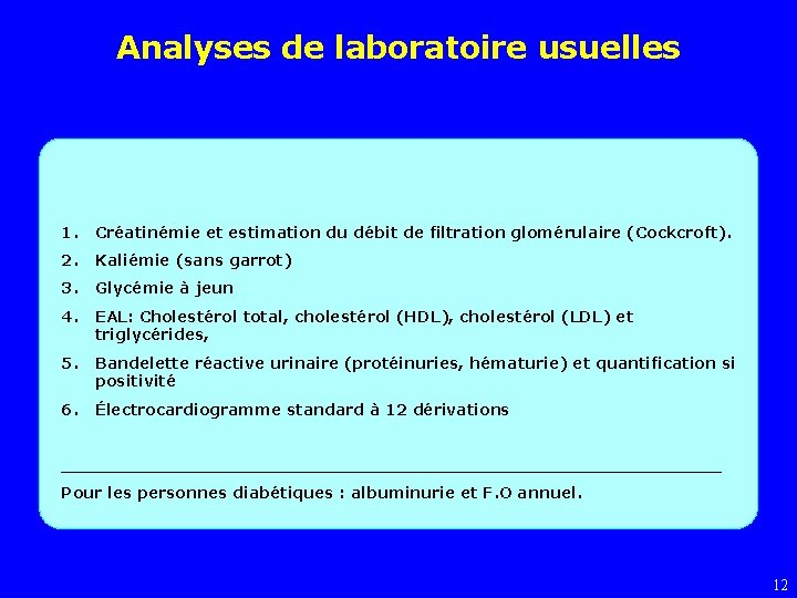 Analyses de laboratoire usuelles 1. Créatinémie et estimation du débit de filtration glomérulaire (Cockcroft).