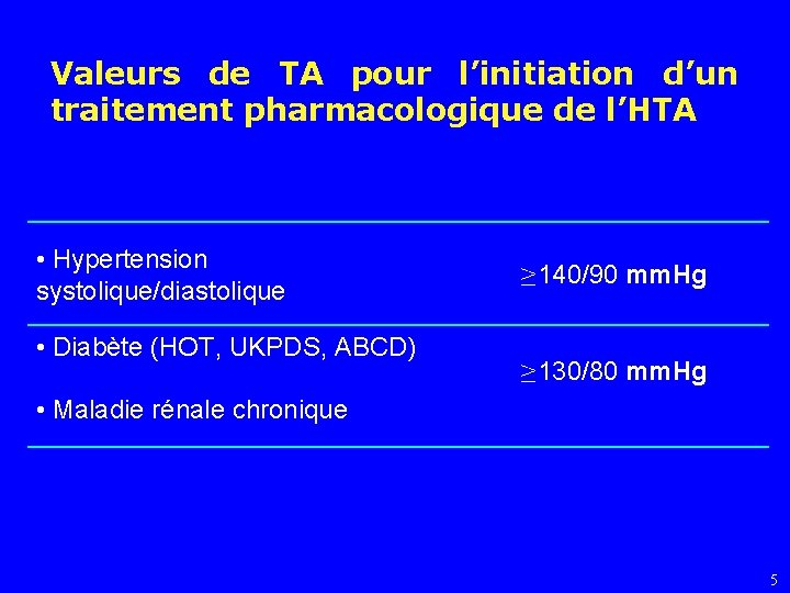 Valeurs de TA pour l’initiation d’un traitement pharmacologique de l’HTA • Hypertension systolique/diastolique •