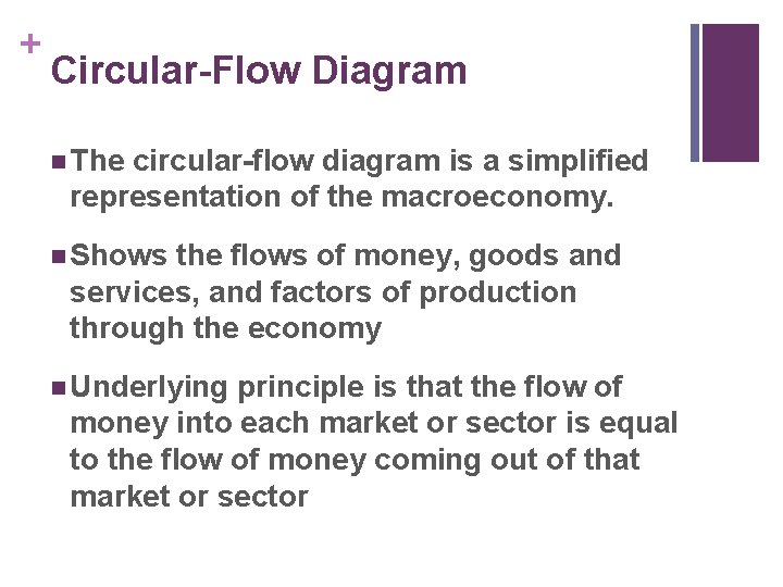 + Circular-Flow Diagram n The circular-flow diagram is a simplified representation of the macroeconomy.