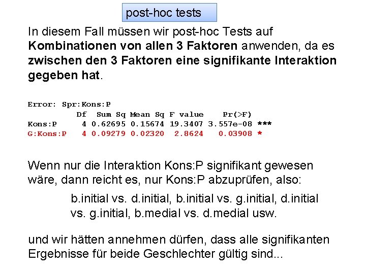post-hoc tests In diesem Fall müssen wir post-hoc Tests auf Kombinationen von allen 3