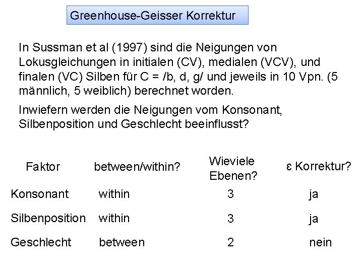 Greenhouse-Geisser Korrektur In Sussman et al (1997) sind die Neigungen von Lokusgleichungen in initialen