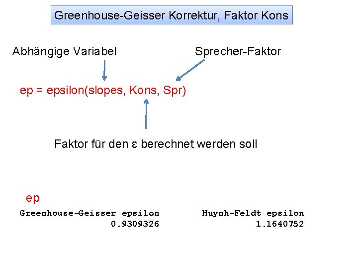 Greenhouse-Geisser Korrektur, Faktor Kons Abhängige Variabel Sprecher-Faktor ep = epsilon(slopes, Kons, Spr) Faktor für