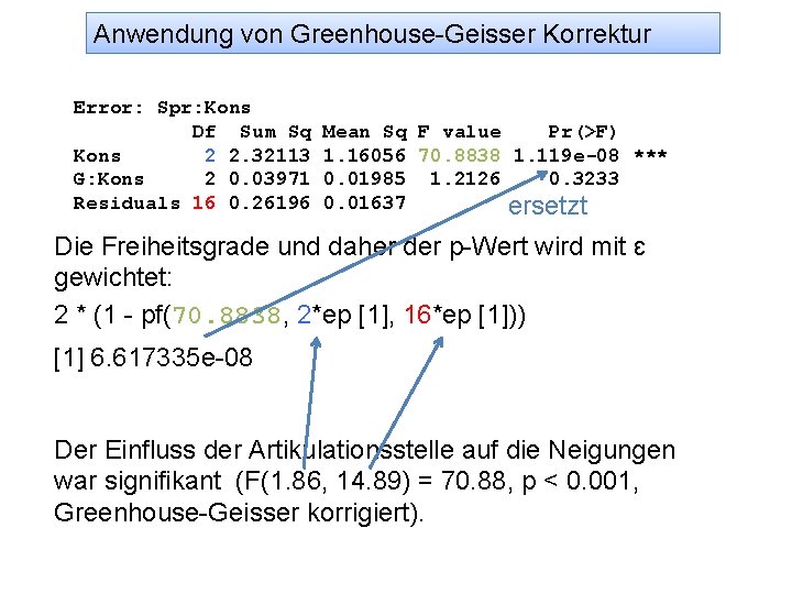 Anwendung von Greenhouse-Geisser Korrektur Error: Spr: Kons Df Sum Sq Kons 2 2. 32113