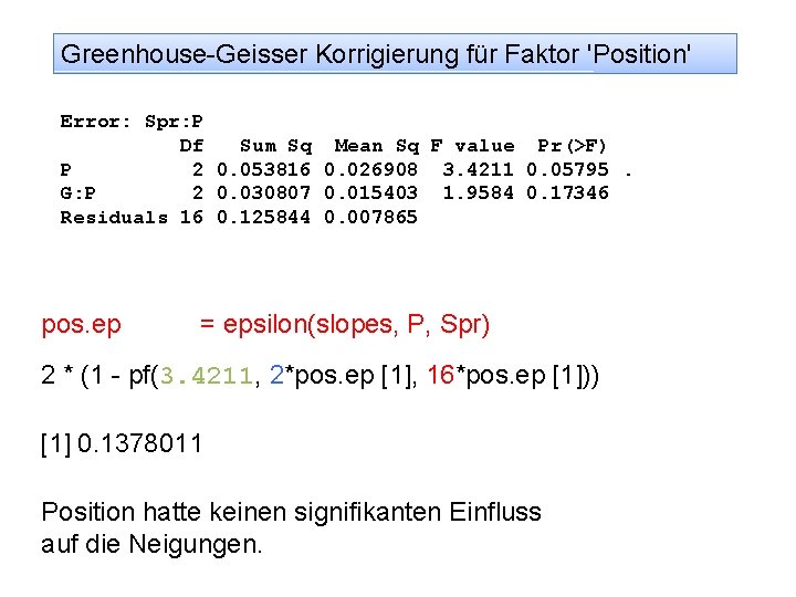 Greenhouse-Geisser Korrigierung für Faktor 'Position' Error: Spr: P Df Sum Sq Mean Sq F