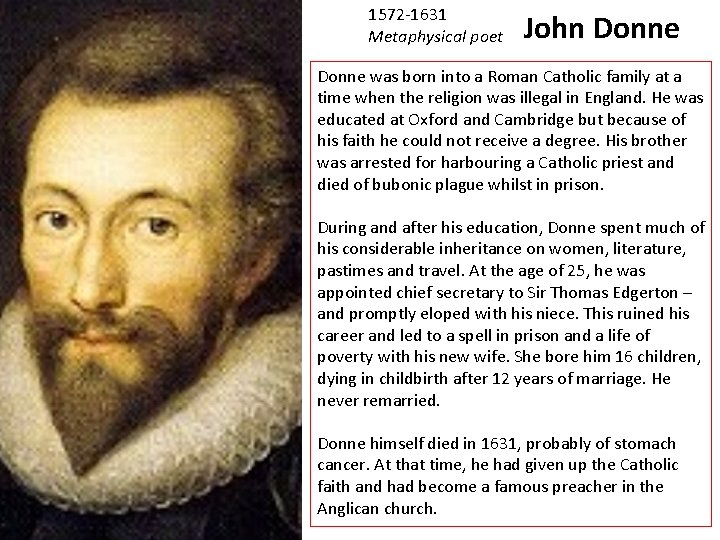 1572 -1631 Metaphysical poet John Donne was born into a Roman Catholic family at