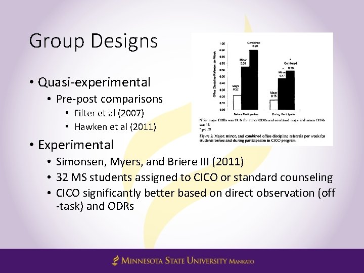 Group Designs • Quasi-experimental • Pre-post comparisons • Filter et al (2007) • Hawken