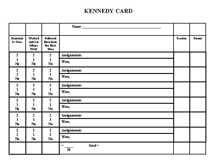 KENNEDY CARD Name ___________________________ Materials to Class Worked and Let Others Work Followed Directions