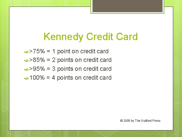 Kennedy Credit Card >75% = 1 point on credit card >85% = 2 points