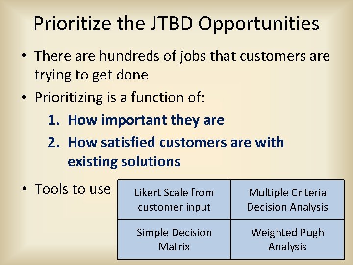 Prioritize the JTBD Opportunities • There are hundreds of jobs that customers are trying