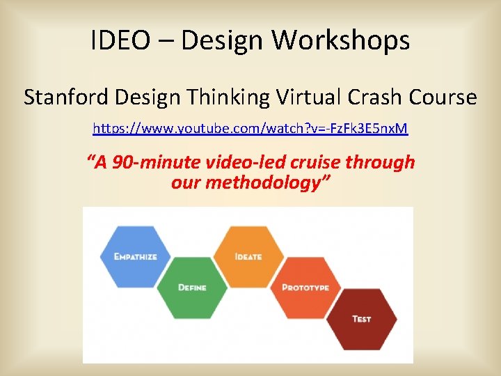 IDEO – Design Workshops Stanford Design Thinking Virtual Crash Course https: //www. youtube. com/watch?