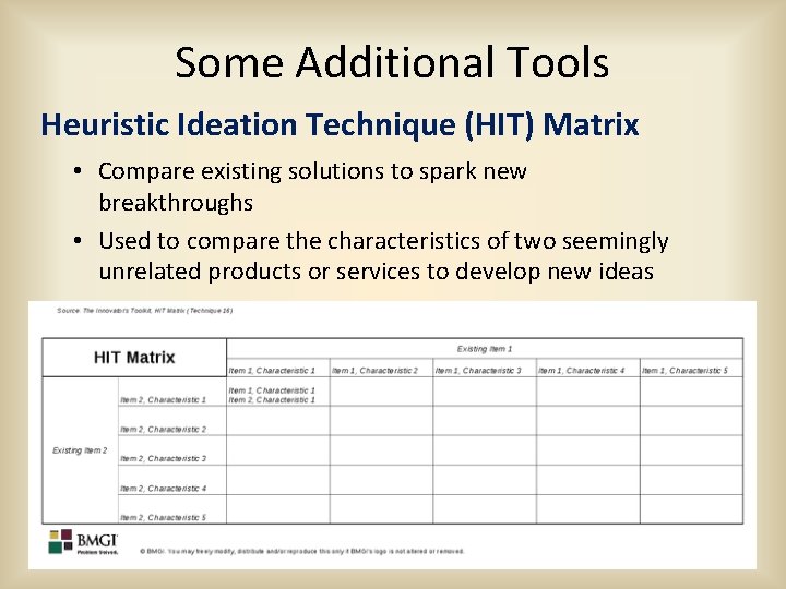 Some Additional Tools Heuristic Ideation Technique (HIT) Matrix • Compare existing solutions to spark