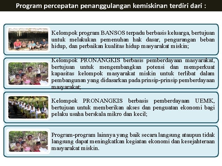 Program percepatan penanggulangan kemiskinan terdiri dari : Kelompok program BANSOS terpadu berbasis keluarga, bertujuan