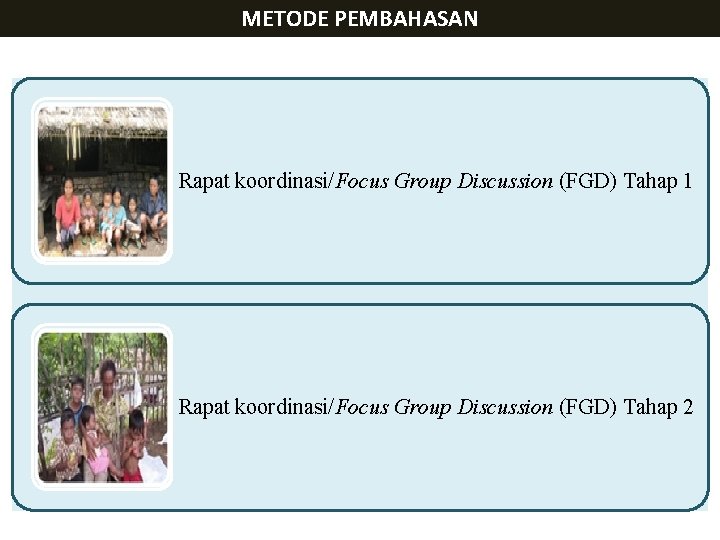 METODE PEMBAHASAN Rapat koordinasi/Focus Group Discussion (FGD) Tahap 1 Rapat koordinasi/Focus Group Discussion (FGD)