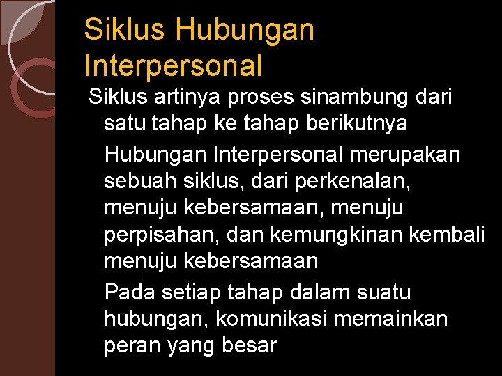 Siklus Hubungan Interpersonal Siklus artinya proses sinambung dari satu tahap ke tahap berikutnya Hubungan