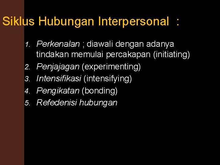 Siklus Hubungan Interpersonal : 1. 2. 3. 4. 5. Perkenalan ; diawali dengan adanya