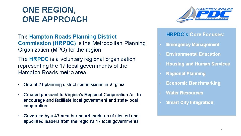 ONE REGION, ONE APPROACH The Hampton Roads Planning District Commission (HRPDC) is the Metropolitan