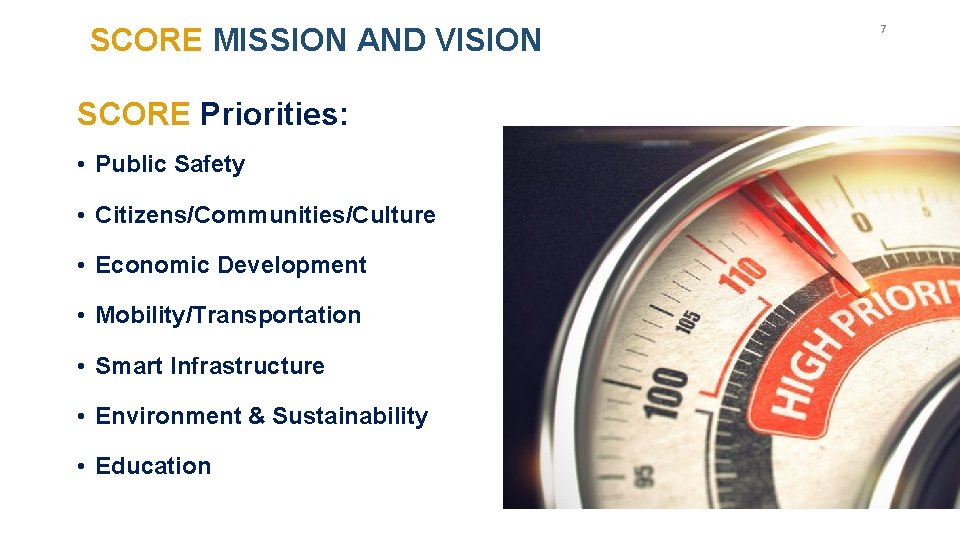 SCORE MISSION AND VISION SCORE Priorities: • Public Safety • Citizens/Communities/Culture • Economic Development