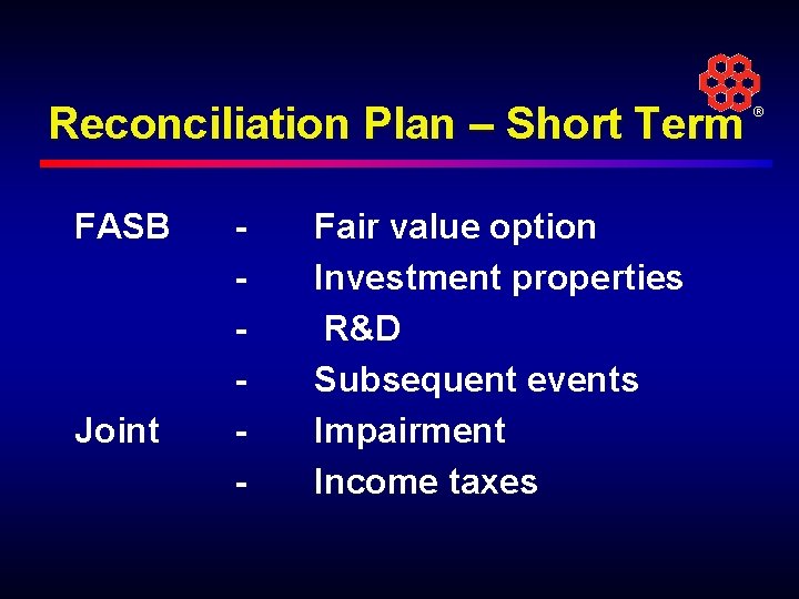 Reconciliation Plan – Short Term FASB Joint - Fair value option Investment properties R&D