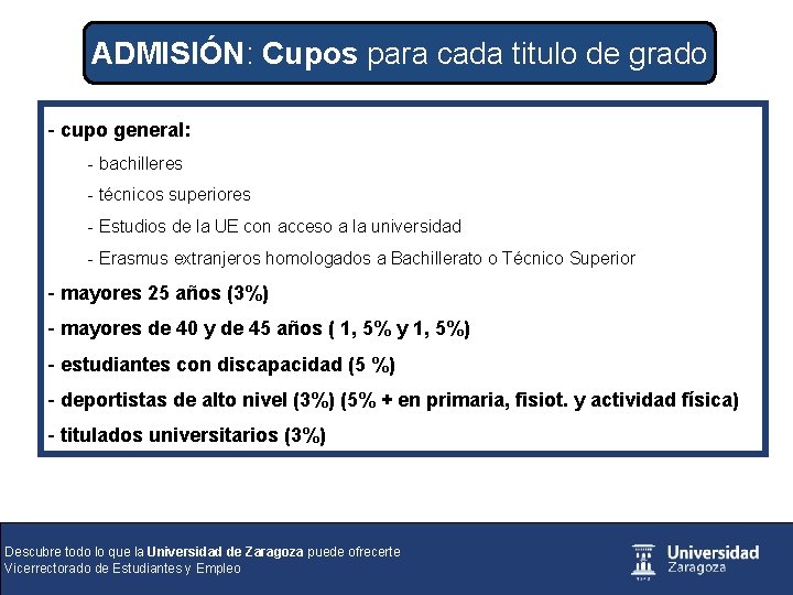 ADMISIÓN: Cupos para cada titulo de grado - cupo general: - bachilleres - técnicos