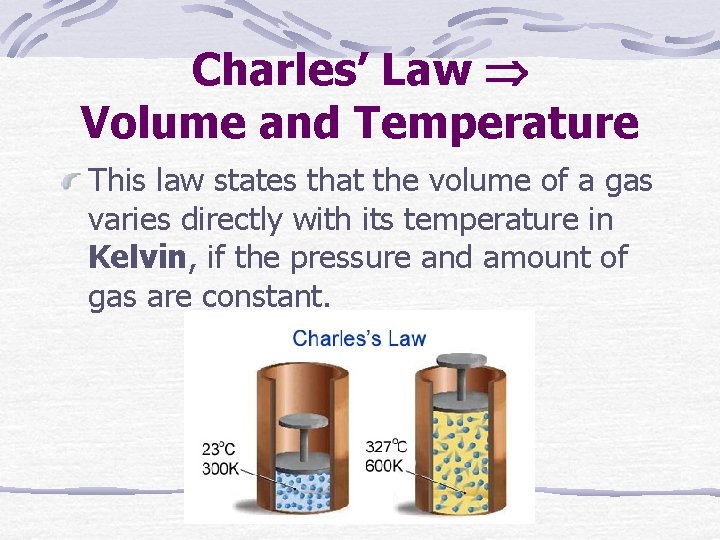 Charles’ Law Volume and Temperature This law states that the volume of a gas