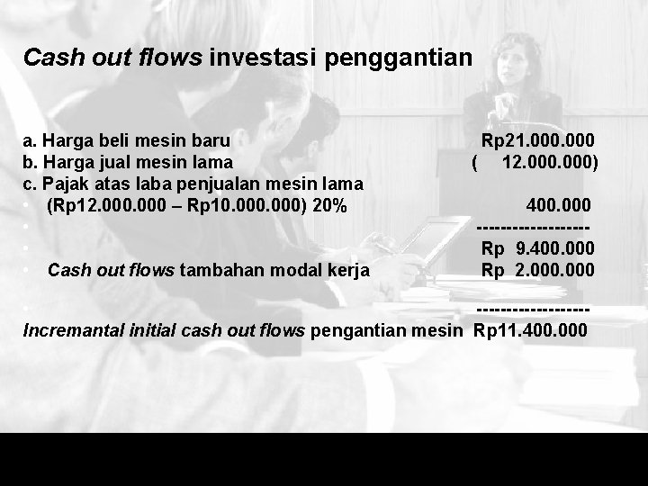 Cash out flows investasi penggantian a. Harga beli mesin baru b. Harga jual mesin