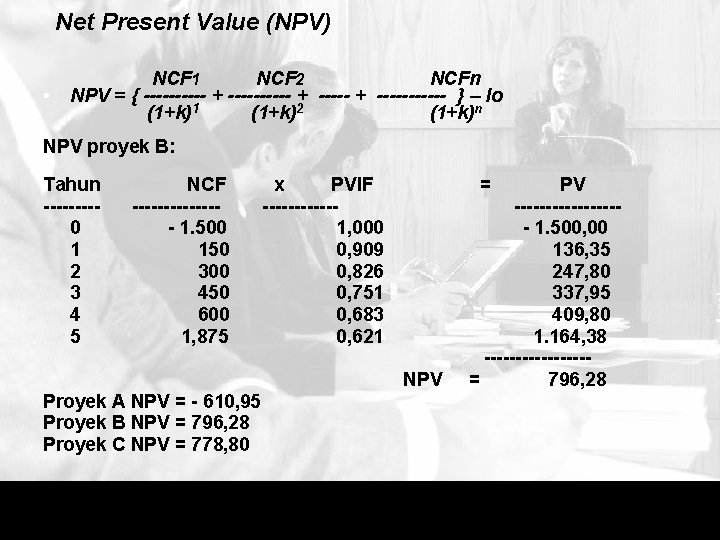 Net Present Value (NPV) • NCF 1 NCF 2 NCFn NPV = { ----------